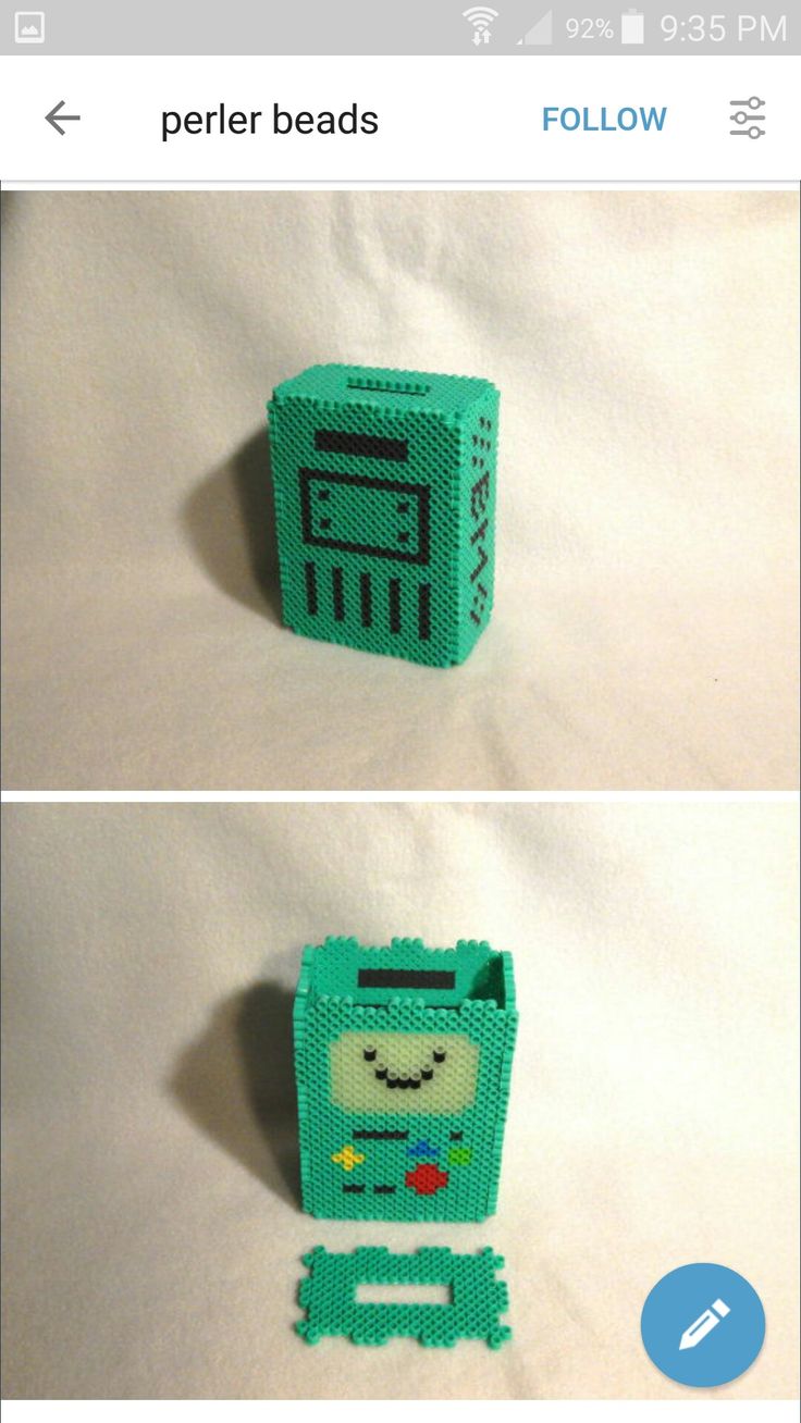 two pictures of the same object made out of legos, one is green and the other is blue