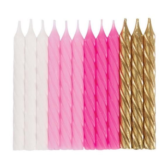 pink, white and gold candles are lined up