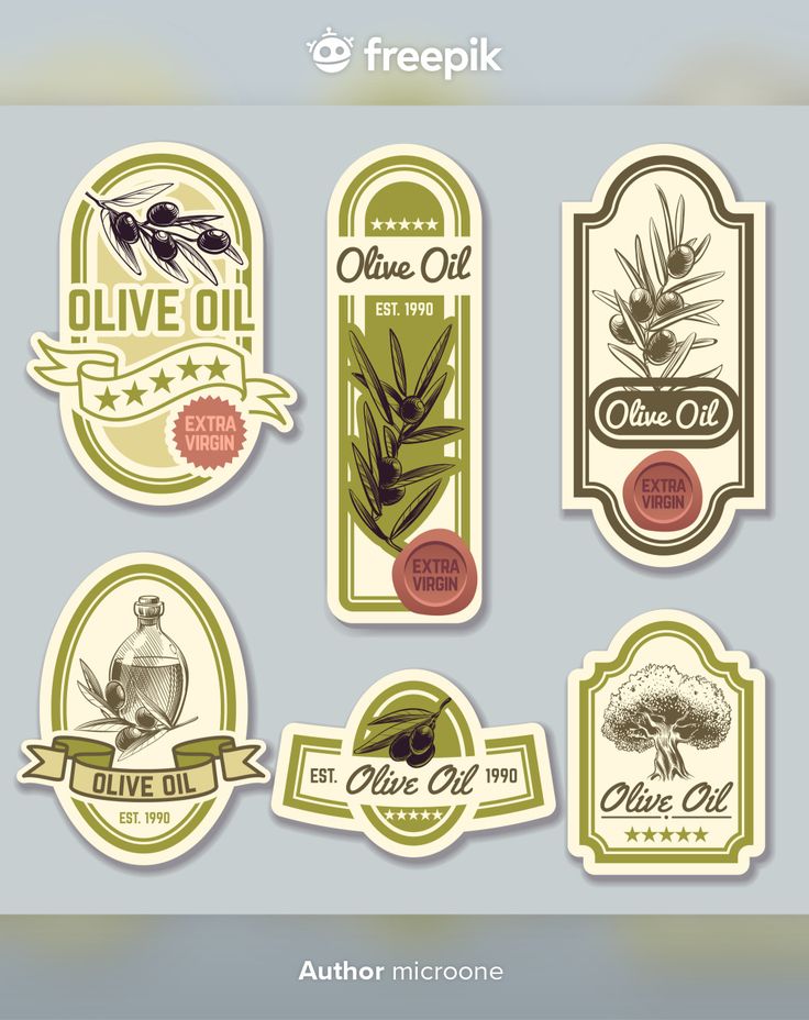 six stickers with labels for olive oil and other products on them, all in different colors