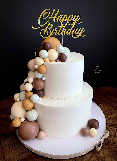 a three tiered white cake with balloons on top and happy birthday sign in the background