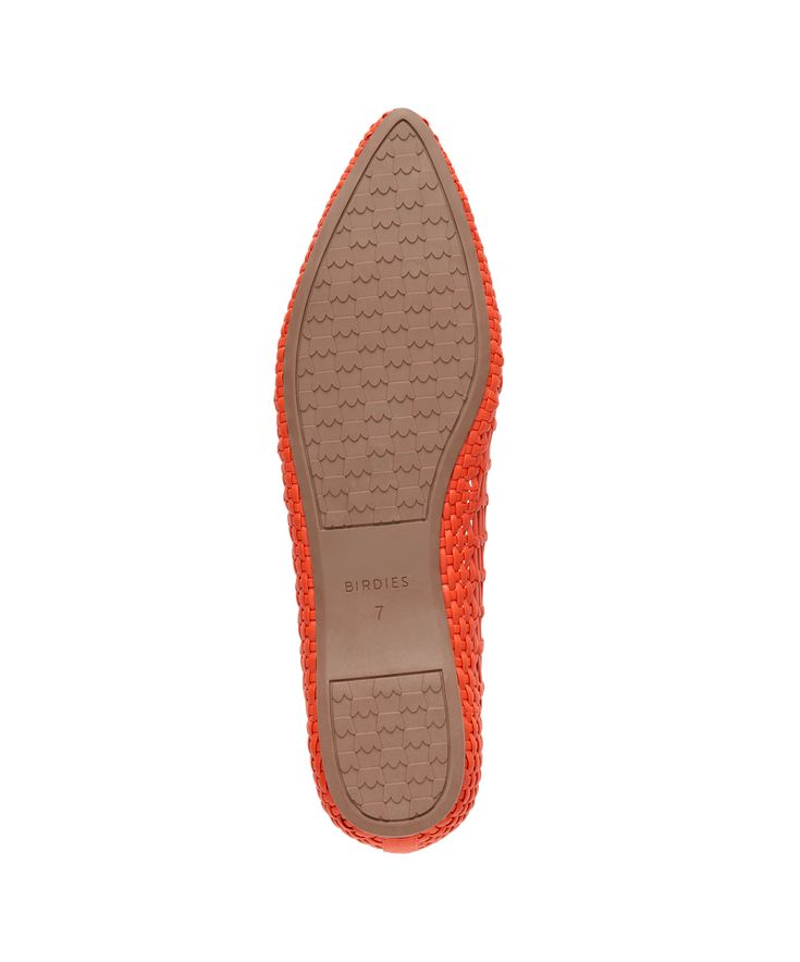 Our striking orange-tinged red pointed-toe ballet flat is crafted of luxurious faux leather. This breathable shoe includes an intricate lattice woven design that takes our artisans up to three and a half hours to weave, utilizing over 100 expertly cut straps. We covered our footbeds with a soft breathable leather lining for added durability and comfort. This flat is complete with our signature grosgrain backtab and gold Birdies logo. | The Goldfinch - Tiger Lily Woven Birdies Flats Synthetic Pointed Toe Ballet Flats With Rubber Sole, Pointed Toe Synthetic Ballet Flats With Rubber Sole, Almond Toe Flats With Woven Sole For Fall, Almond Toe Ballet Flats, Spring Flats With Textured Sole And Pointed Toe, Red Sole Flats For Fall, Summer Ballet Flats With Rubber Sole And Pointed Toe, Spring Casual Ballet Flats With Woven Leather, Pointed Toe Ballet Flats With Rubber Sole For Summer