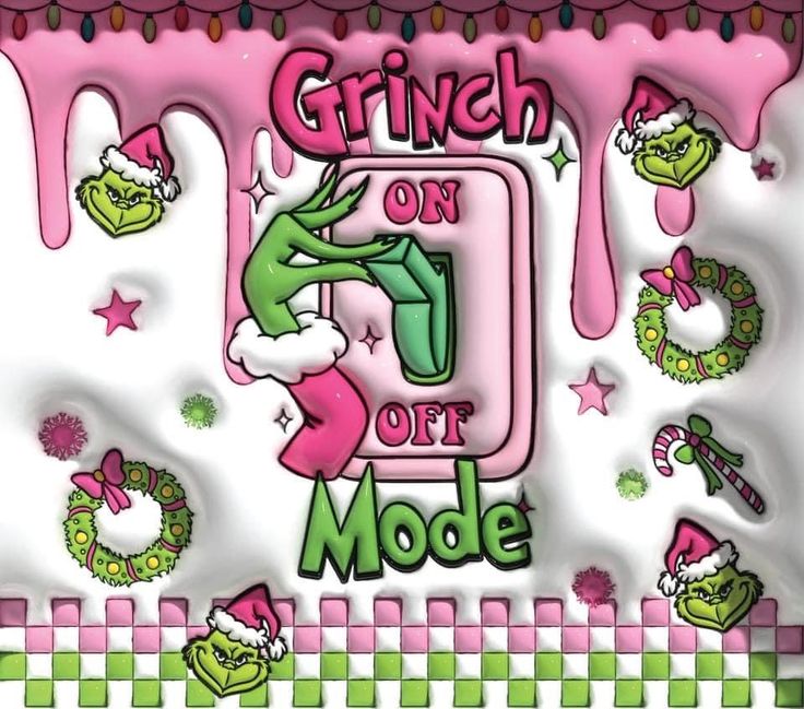 an image of a pink and green wallpaper with the words grin on it's side