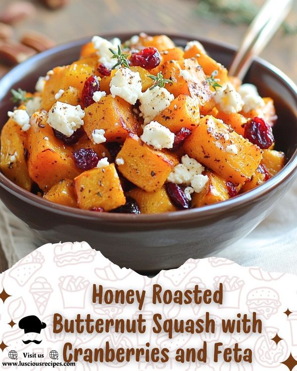 honey roasted butternut squash with cranberries and feta in a brown bowl