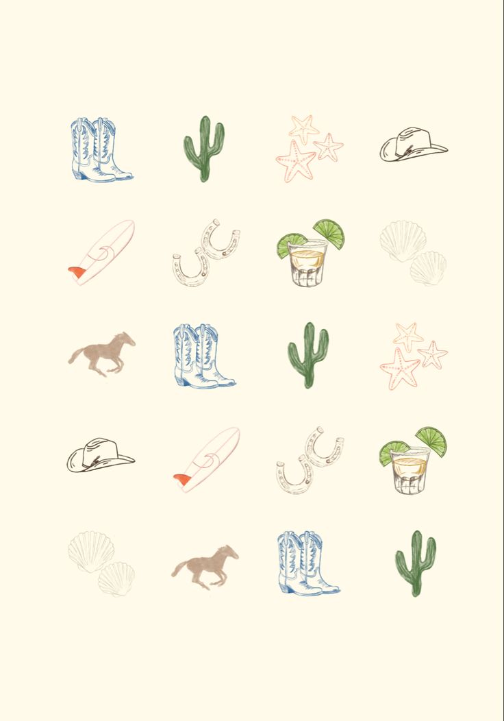 an illustration of cowboy boots, cactuses and other items on a white paper background