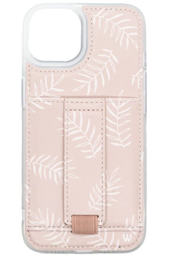 a pink phone case with white palm leaves on the front and back cover, which is attached