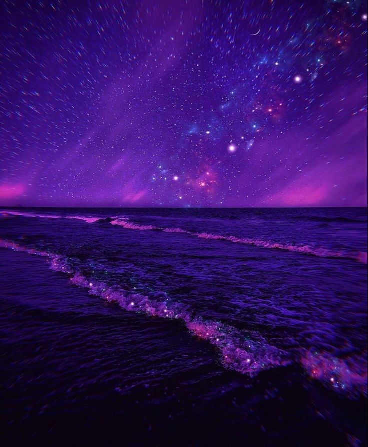 the sky is filled with stars and purple water