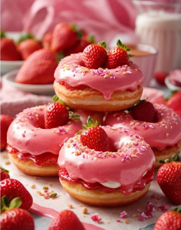 strawberry donuts with pink icing and sprinkles on a table next to strawberries