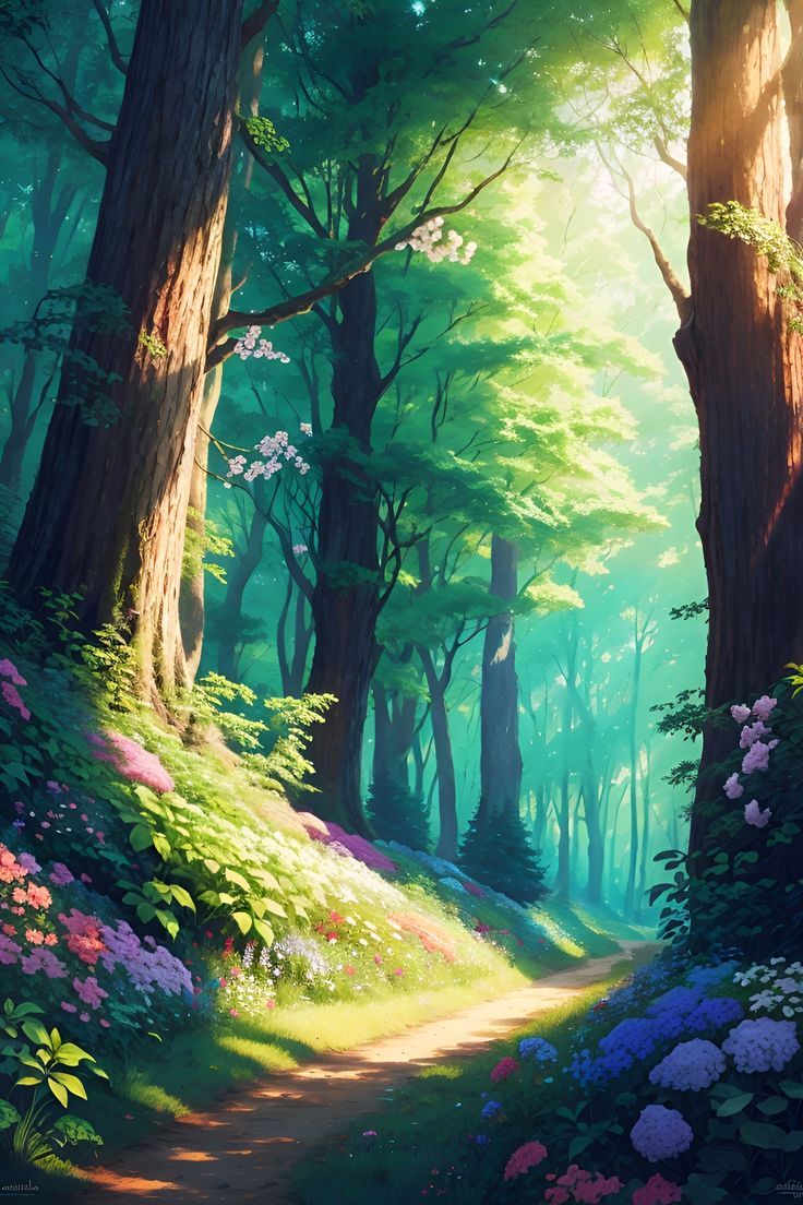 a painting of a path through a forest with flowers and trees on either side of it