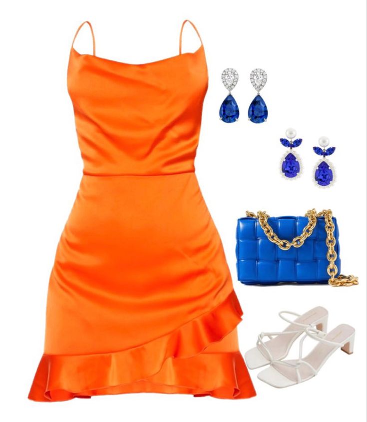 Orange With Blue Outfit, Orange Dress With Heels, Outfits With Orange Heels, Blue And Orange Outfit Ideas, Bright Blue Outfit, Orange And Blue Outfit, Orange Outfit Ideas, Blue And Orange Dress, Orange Dress Outfits