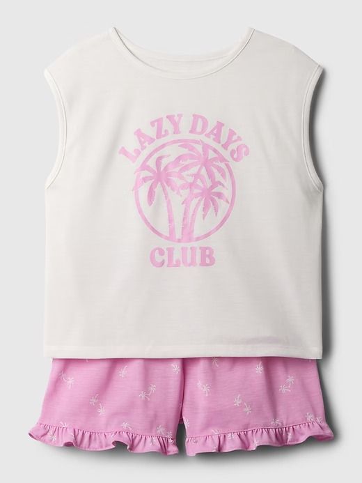 Kids Recycled PJ Shorts Set | Gap Sleeveless Sets For Sleepover In Summer, Playful White Sleeveless Sleepwear, Casual Sleeveless Sleepover Sets, Summer Cotton Sleepwear With Graphic Print, Cotton Graphic Print Sleepwear For Summer, Playful Sleeveless Cotton Sleepwear, Playful Sleeveless Summer Sleepwear, Summer Graphic Print Sleepwear For Pajama Party, Summer Sleepwear With Graphic Print For Pajama Party