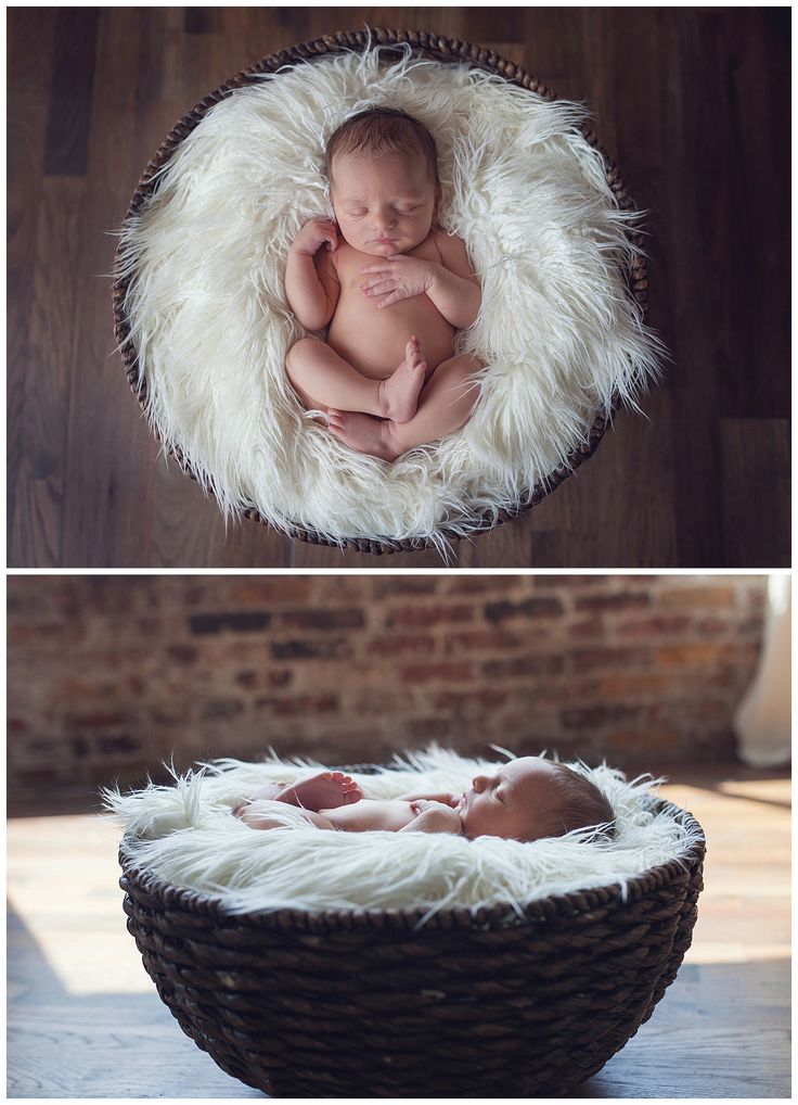 two photos of a baby in a basket with white fur on the bottom and top