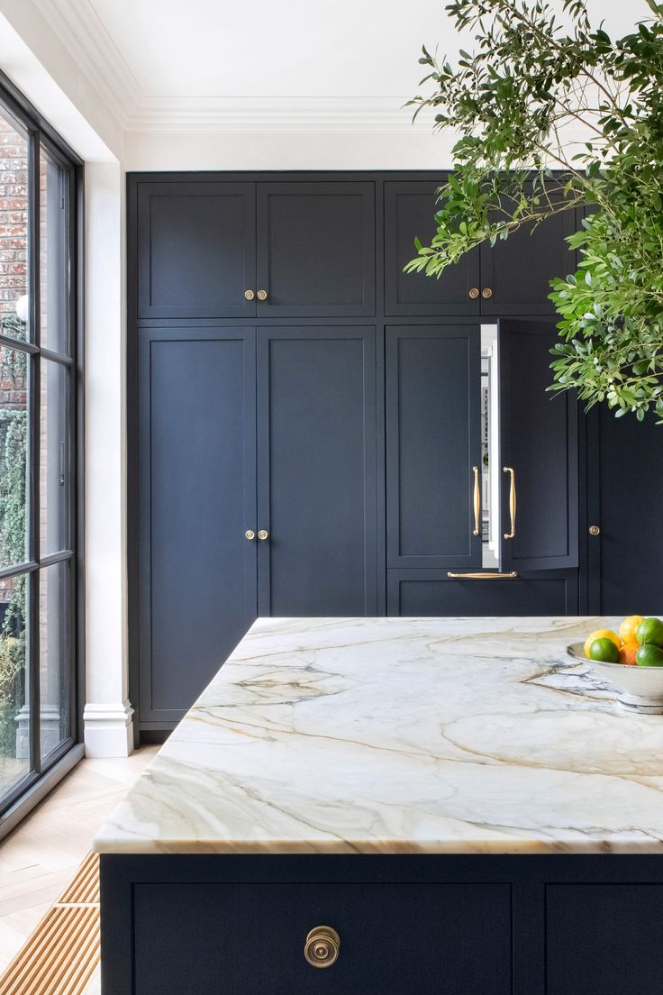 a kitchen with black cabinets and marble counter tops, along with an olive tree in the center