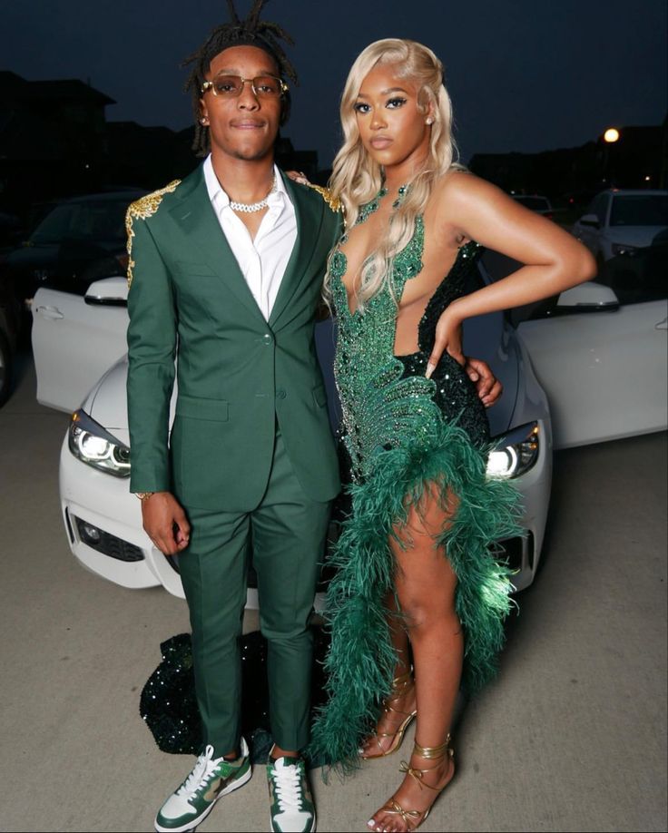 White And Emerald Green Tuxedo, Olive Green Prom Suit, Green Prom Theme Couple, Prom Tuxedo Ideas 2024, Prom Suit Colors, Olive Green Prom Dress Black Couple, Green Prom Black Couple, Green Prom Outfit Men, Emerald Green Tuxedo Prom