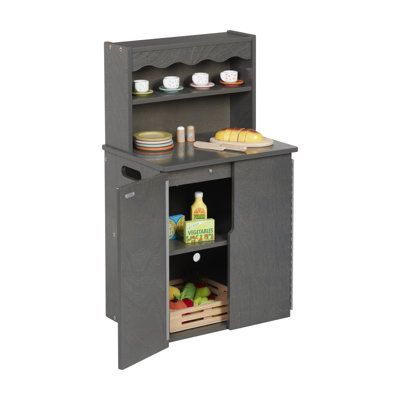 an open cabinet with food and drinks on it's shelves, in grey color