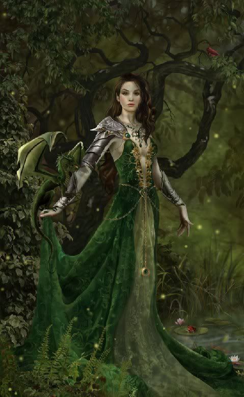 a painting of a woman in a green dress with a dragon on her shoulder and wings