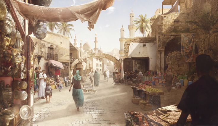 a woman walking down a street in an old city with lots of shops and people