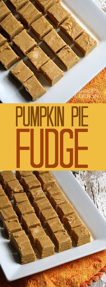 pumpkin pie fudge on a white platter with the title overlay reads pumpkin pie fudge