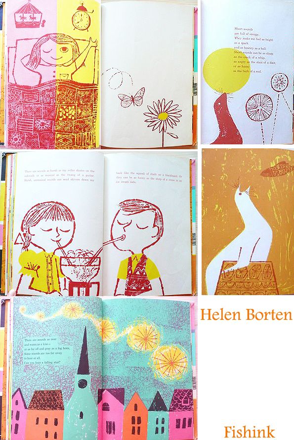 an open children's book with pictures of people and flowers on it, in different colors