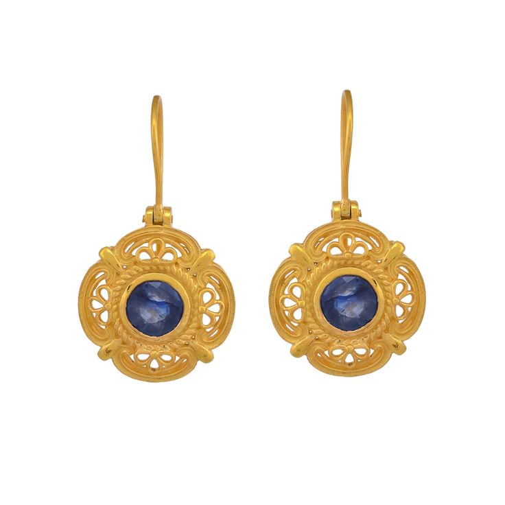 Blue Sapphire Vermeil 14K Gold Over Sterling Silver Earring 925 Silver = 6.20 gm. Blue Sapphire = 1.50 ct. Blue Sapphire is the birthstone for September and is a symbol of heaven. The beautiful earring measures to be 1.25 inches long including the wire and 0.75 inches wide at its maximum points. The earrings have been made by a team of highly trained and skilled artisans. What is Vermeil 14K Gold? It is a thick layer of 14K Gold plating on 925 Sterling Silver. If for any reason you are not compl Hallmarked Sapphire Earrings For Anniversary, Sapphire Earrings As A Gift, Pierced Sapphire Earrings As Gift, Round Sapphire Filigree Jewelry, Byzantine Gemstone Earrings Gift, Byzantine Style Gemstone Earrings Gift, Gold Sapphire Earrings Gift, Yellow Gold Sapphire Round Earrings, Gold Sapphire Earrings For Anniversary