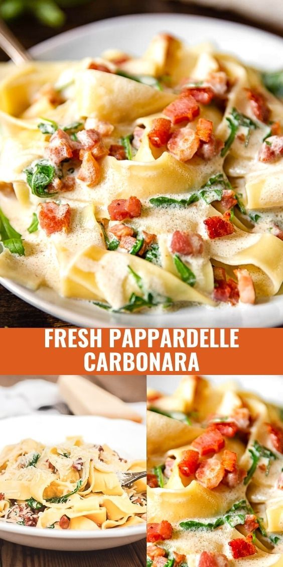 fresh papparella carbonara with spinach and tomatoes