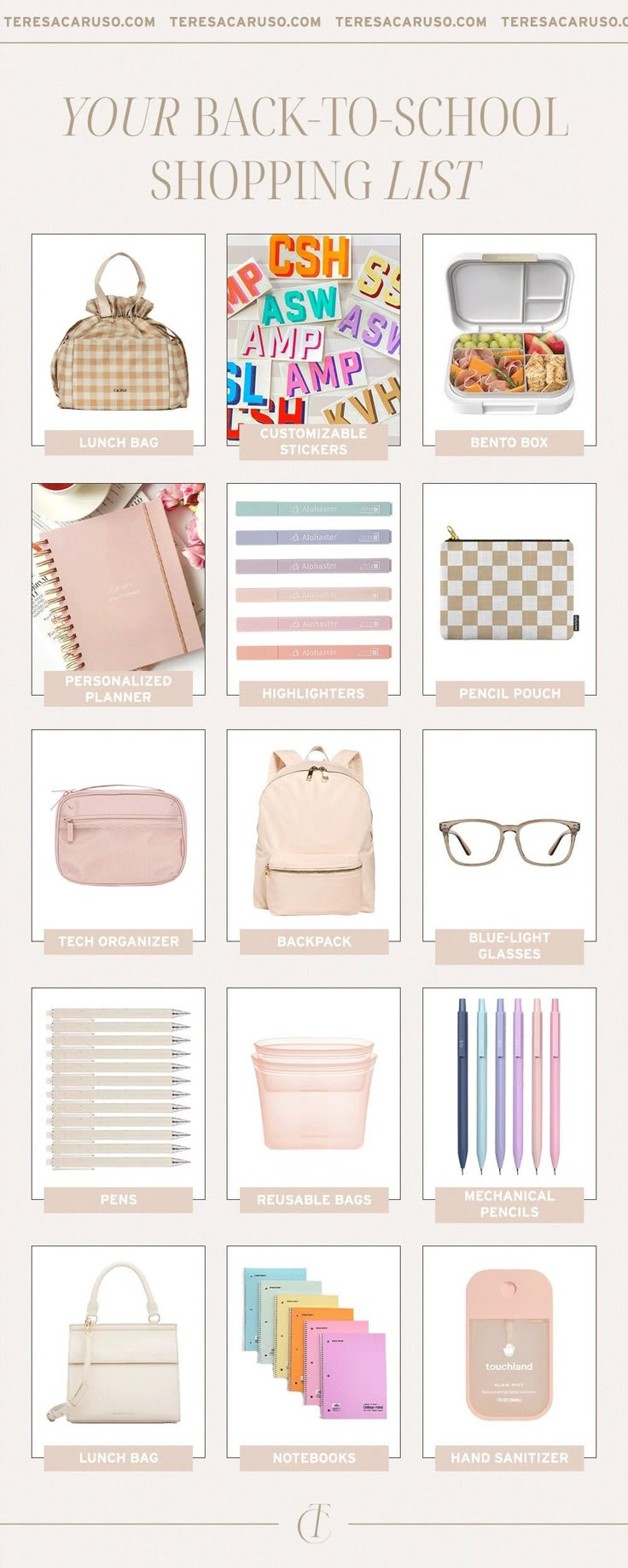 the back to school shopping list is shown in pink and white, with various items on it