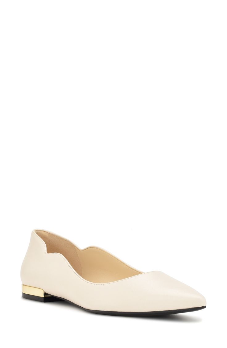 Subtle scalloped edges and a gilt heel strike the perfect note of elegance on this pointy-toe flat. Leather upper/synthetic lining and sole Imported Pointy Toe Flats, Pointed Toe Flats, Scalloped Edges, Womens Flats, Nine West, Flat Shoes Women, Leather Upper, Nordstrom, Size 6