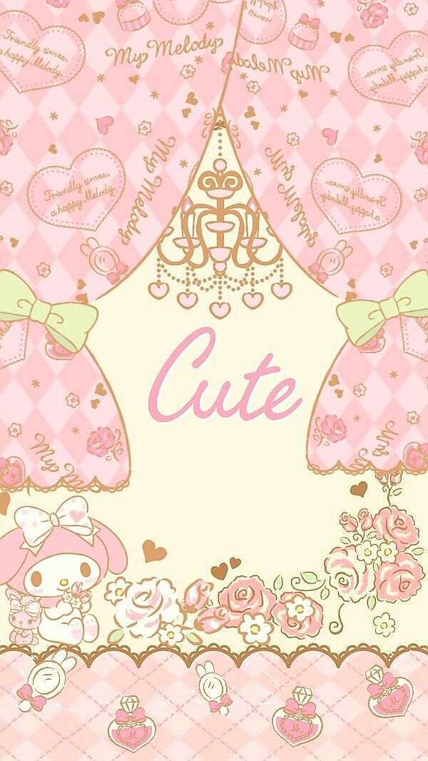 hello kitty wallpaper with the word cute in pink and gold, surrounded by hearts