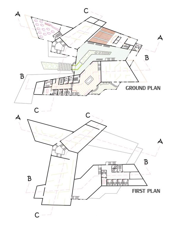 two diagrams showing the different sections of a building, including an upper and lower floor plan