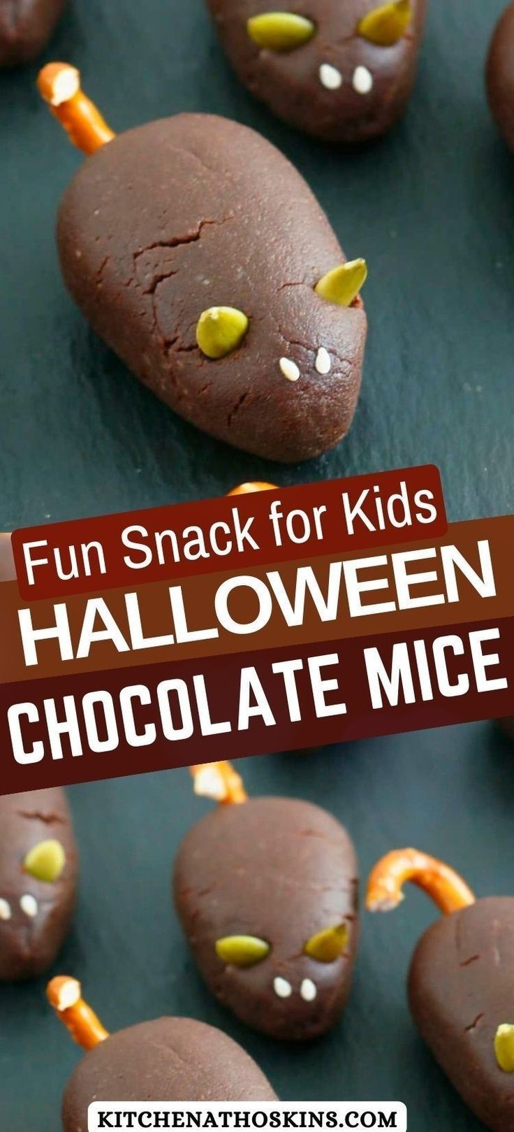 chocolate halloween mice with candy on top and the words fun snack for kids halloween chocolate mice