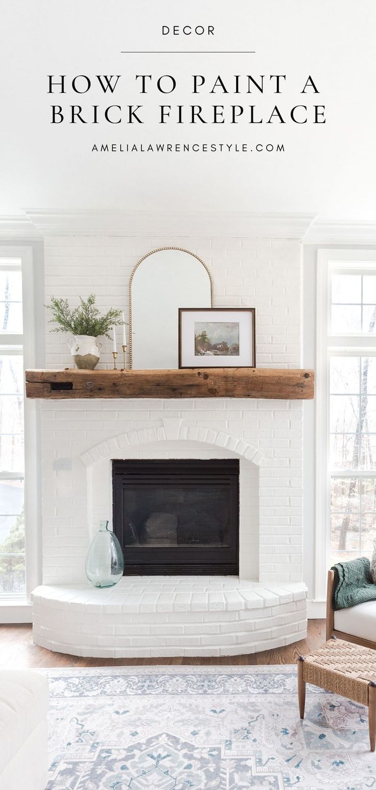 a white fireplace with the words how to paint a brick fireplace