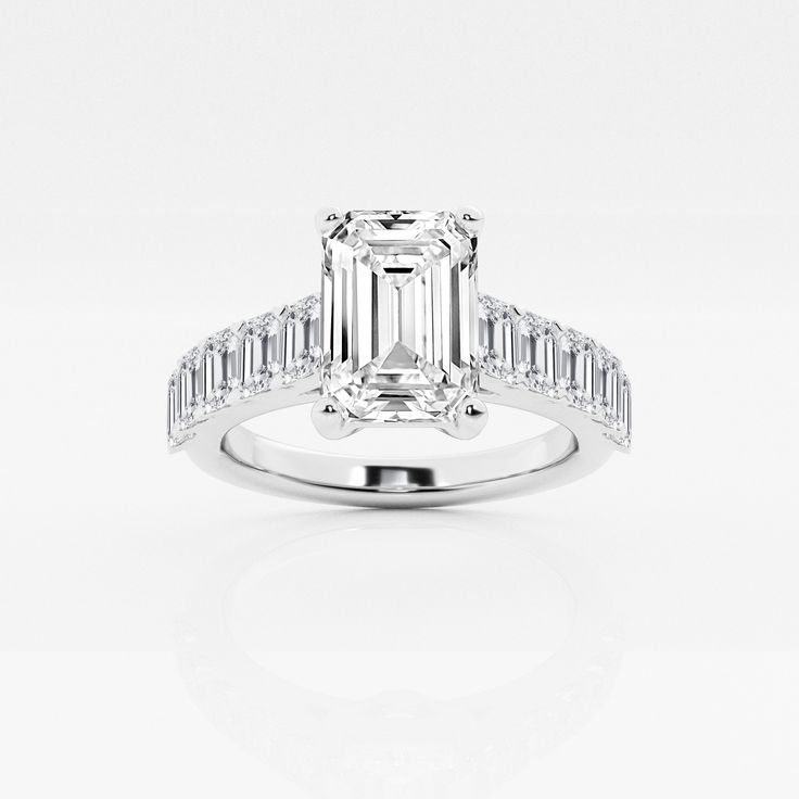 Badgley Mischka 4 1/4 ctw Emerald Lab Grown Diamond Engagement Ring 18K White Gold, GH, SI1 Diamond White Emerald Cut Moissanite Wedding Ring, Radiant Cut Emerald Diamond Ring With Center Stone, Emerald Cut Moissanite Diamond Ring, Lab Grown Diamond Ring With Radiant Cut, Formal Emerald Ring With Radiant Cut And Vvs Clarity, Emerald Ring With Radiant Diamond Cut, Octagon Emerald Ring With Diamond Accents, Octagon Brilliant Cut Diamond Ring, Brilliant Cut Octagon Diamond Ring