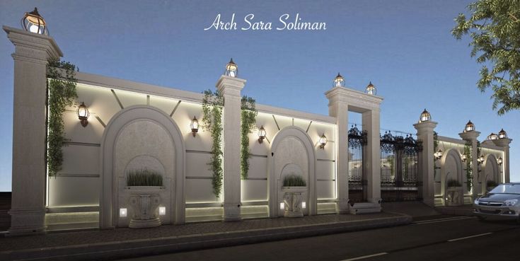 an artist's rendering of a building with columns and arches on the side of it