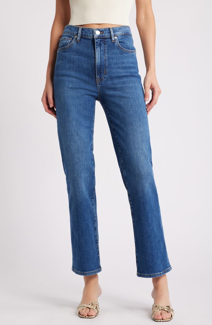 FRAME Le Sleek High Waist Ankle Straight Leg Jeans | Nordstrom Modern Jeans With Straight Silhouette And Five Pockets, Modern Straight Silhouette Jeans With Five Pockets, Modern Straight Cut Jeans, Medium Wash Straight Cropped Mom Jeans, Modern Denim Blue Straight Leg Cropped Jeans, Modern Cropped Straight Leg Jeans In Denim Blue, Classic Mom Fit Cropped Jeans, Dark Wash Straight Hem Cropped Jeans, Dark Wash Cropped Jeans With Straight Hem