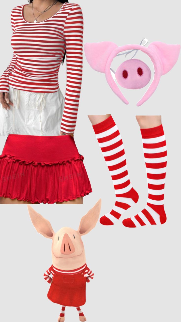 a woman in a red and white striped shirt with pig socks, knee high socks, tights and headband