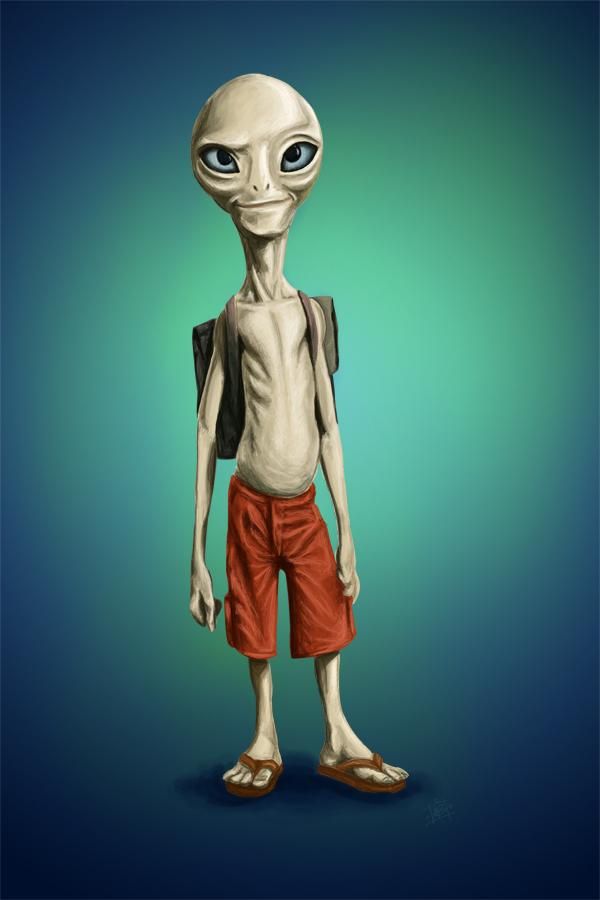 an alien is standing in front of a blue background with red shorts and flip flops