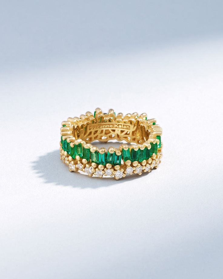 Suzanne Kalan Short Stack Emerald Eternity Band in 18k yellow gold Senior Rings, Emerald Eternity Band, Emerald Wedding Band, Short Stack, Eternity Band, Jewelry Inspo, White Diamonds, Eternity Bands, Diamond White