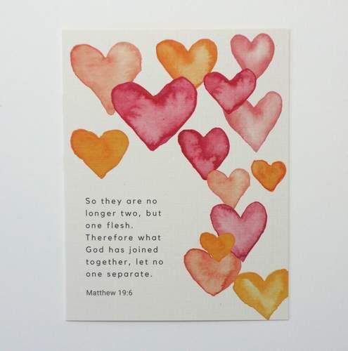 a card with watercolor hearts on it that says, so they are not longer, but one flesh