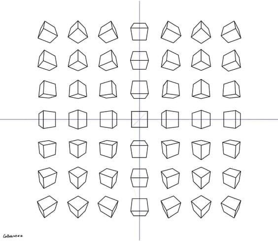 an image of several cubes that are drawn in one line and each has different shapes