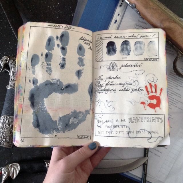 an open book with hand prints on it