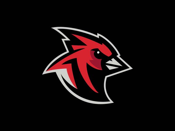 the bird logo is shown on a black background, with red and white feathers in the center