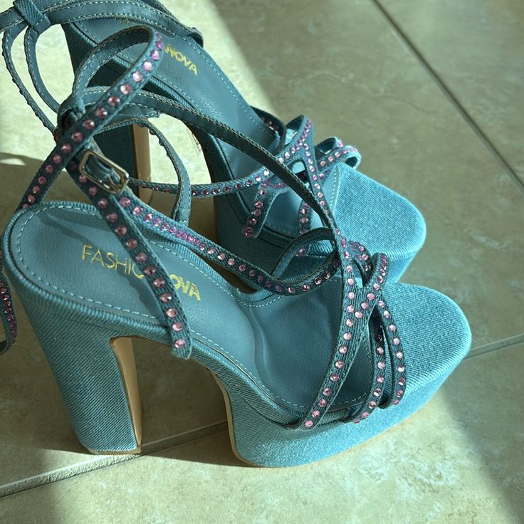 Denim Heel Shoes. Brand New Denim Blue Heels For Spring Party, Denim Blue Platform Heels With Round Toe, Blue Denim Platform Heels, Blue Denim Heels For Parties, Blue Suede Platform Heels, Pink Platform Sandals, Pink Platform Heels, White Platform Sandals, Denim Heels