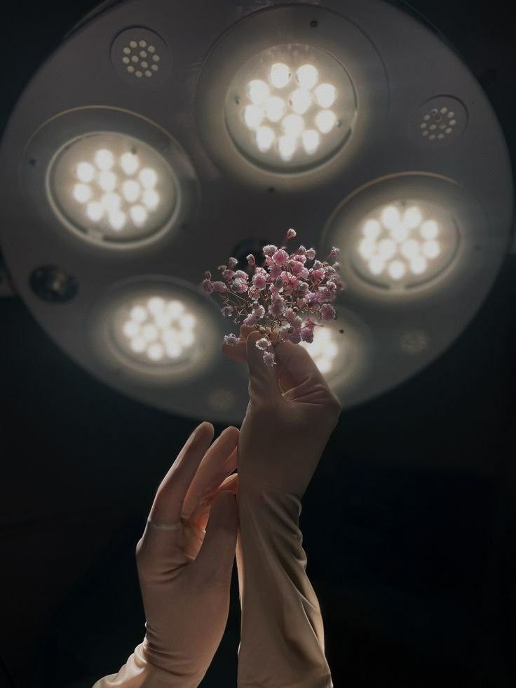 a person in gloves holding a flower up to the ceiling with several lights on it