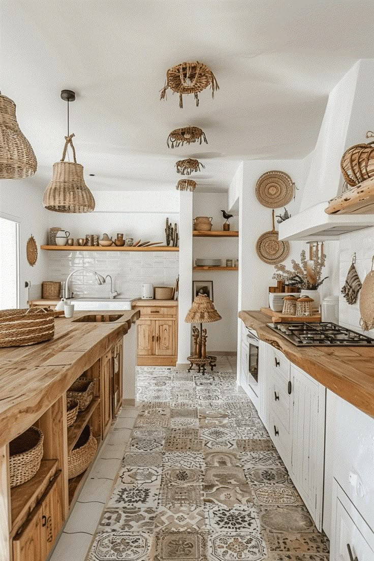 a kitchen filled with lots of wooden cabinets and counter top covered in wicker baskets