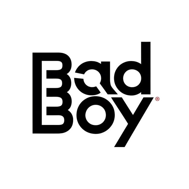 the bad boy logo is shown in black and white, with red letters on it