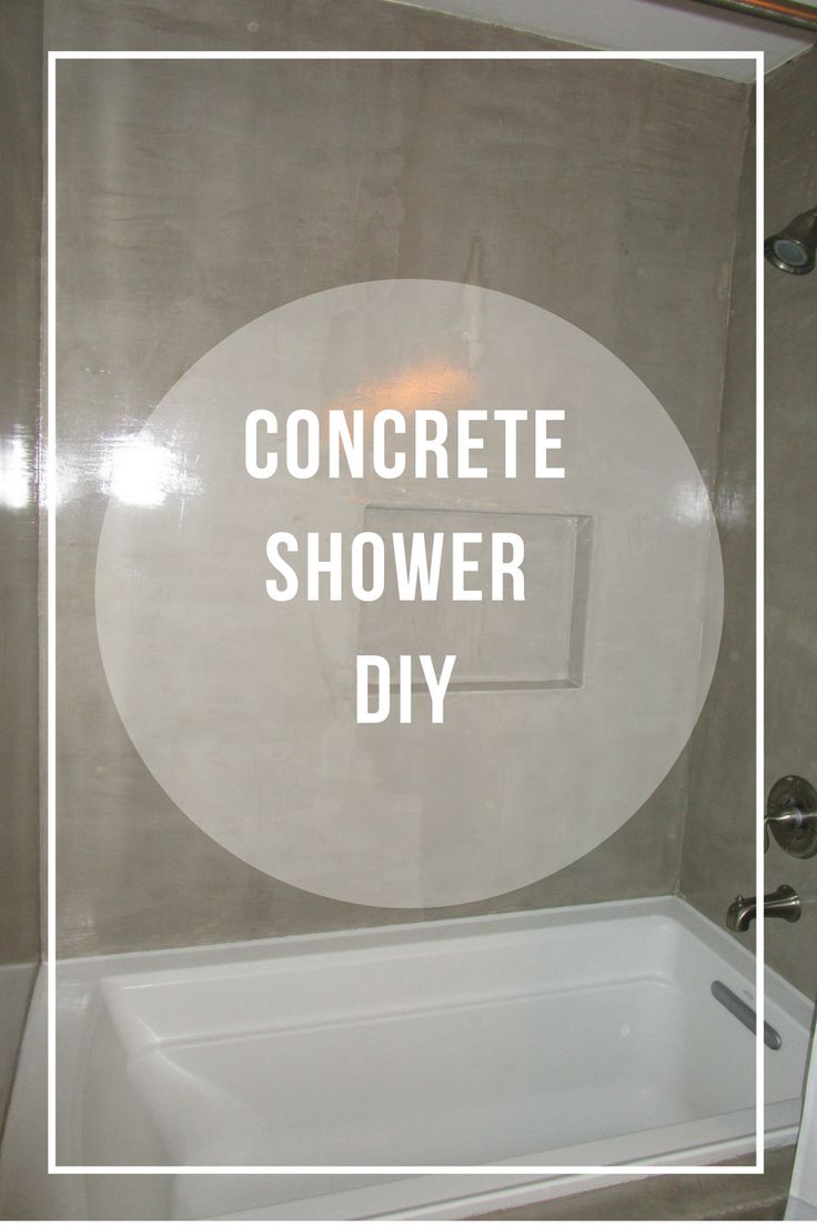 a shower with the words concrete shower diy in white overlaying it's bathtub