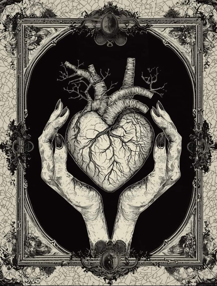 two hands holding a heart in front of a black and white frame with vines on it