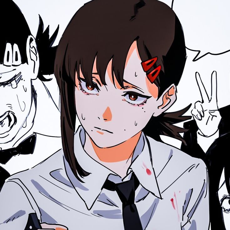 an anime character with blood on his face and two other characters in the background holding up their fingers