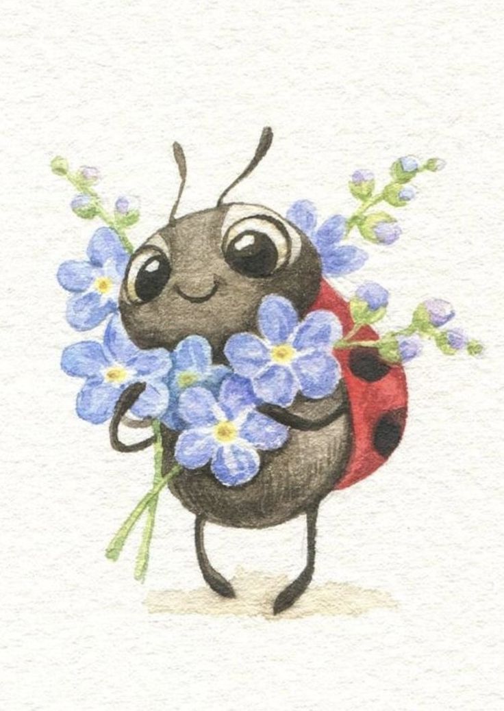 a drawing of a ladybug holding blue flowers