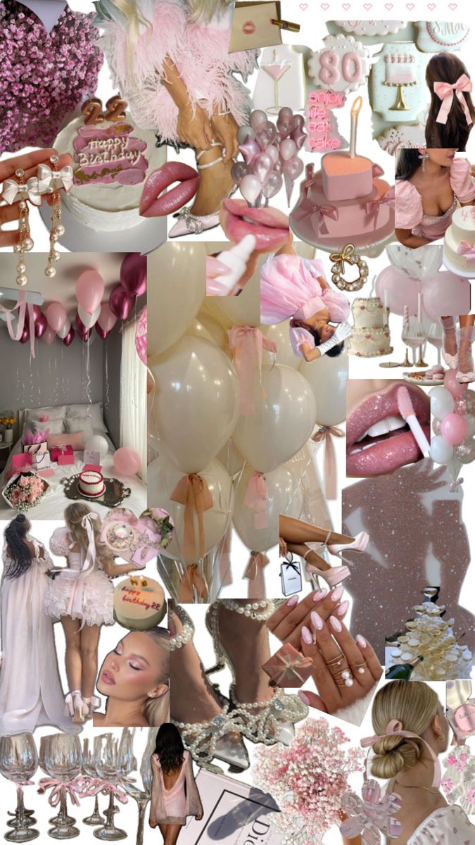 a collage of pink and white images with balloons, hats, dresses, and other items