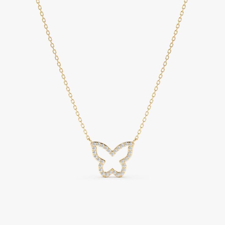 Embrace grace and elegance with this enchanting Diamond Butterfly Cutout Necklace. This captivating piece features a delicate butterfly silhouette meticulously crafted from 14k yellow gold. Sparkling diamonds are scattered throughout the butterfly's wings, creating a shimmering display of light and brilliance. - Handmade - Solid Gold - Natural Diamonds  - G Color, SI Quality Diamonds - The Dimension of the Butterfly: 8 x 9 mm - Total Diamond Carat Weight: 0.07 ctw 🛠 Your Sarah Elise piece is handcrafted with care! Ready-to-ship items go out within 3 business days. Made-to-order pieces typically take 7-10 business days to create. If you need something sooner, please contact us - we'll see if we can make it happen! For estimated shipping dates and tracking, check your Etsy account under 'Or Elegant Anniversary Butterfly Charm Necklace, Elegant Butterfly Necklace For Anniversary, Elegant Rose Gold Butterfly Necklace, Elegant 14k Gold Butterfly Necklace, Dainty Formal Butterfly Charm Necklace, Dainty Butterfly Necklace For Formal Occasions, Delicate Butterfly-shaped Necklace For Formal Occasions, Elegant Butterfly Necklace With Delicate Chain, Delicate White Gold Butterfly Necklace